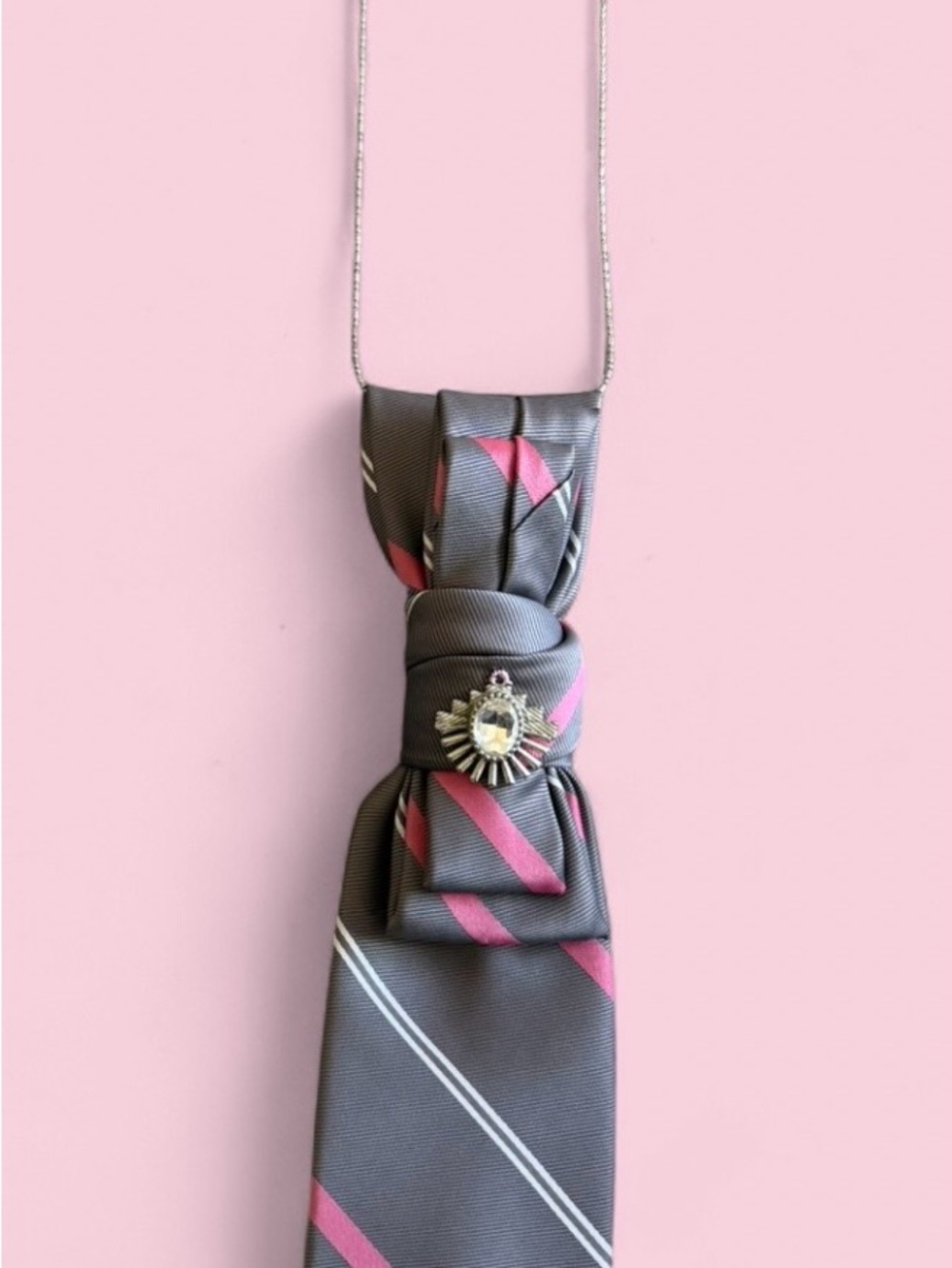 Re-Styled Vintage Silk Blend Necktie Necklace,Rhinestone Jewelry,Removable Chain - Picture 2 of 4